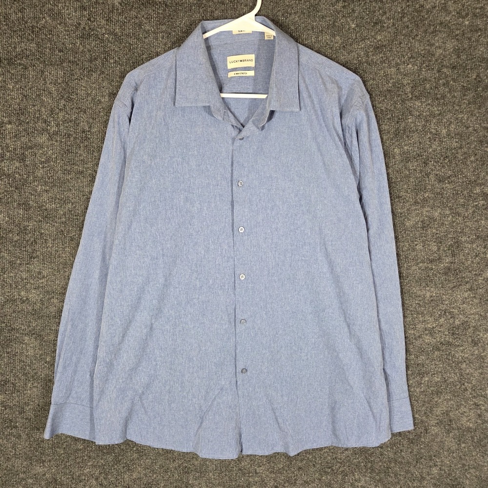 Lucky Brand Men's Slim Fit Button Up Shirt Blue Chambray 4 Way Stretch Large